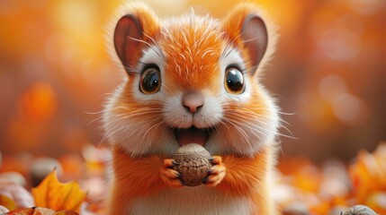 Mischievous 3D cartoon squirrel with acorn in orange autumn setting