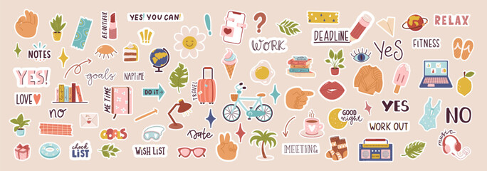 Large collection of stickers for daily planner including images and quotes. Vector illustration.