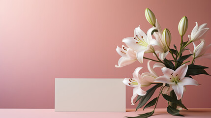 Blank invitation card around blooming white Lily flowers around pink wooden table in soft gradient style created with Generative AI Technology