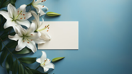 Blank invitation card around blooming white Lily flowers around blue wooden table in soft gradient style created with Generative AI Technology