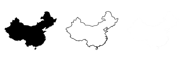 China country silhouette. Set of 3 high detailed maps. Solid black silhouette, thick black outline and thin black outline. Vector illustration isolated on white background.