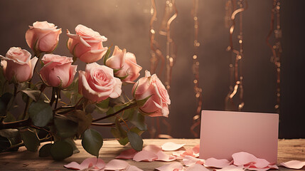 Blank invitation card around blooming pink Rose flowers around wooden table in soft gradient style created with Generative AI Technology