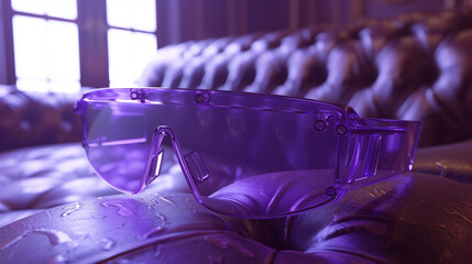 Lavender purple glass VR glasses with a thin, lightweight design, resting on an aged leather desk. The gentle morning light adds to the glasses' ethereal appearance.