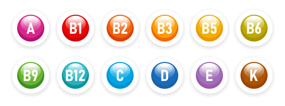 Vitamin nutrition icon set. The concept of healthcare and medicine. Healthy food infographic. Vitamins a, B, b1, b2, b3, b5, b6, b9, b12, c, d, e, k