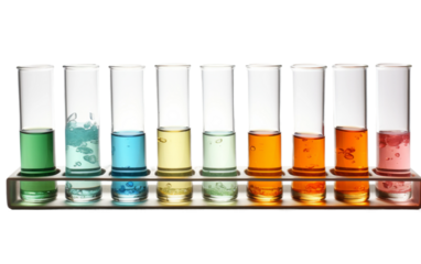 Glassware Test Tube Rack Containing Different Samples on white background