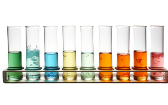 Glassware Test Tube Rack Containing Different Samples on white background