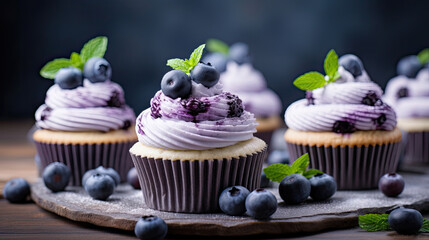 blueberry cupcakes muffin with mint leaf and fresh blueberries fruits around them on a rustic wooden table created with Generative AI Technology 