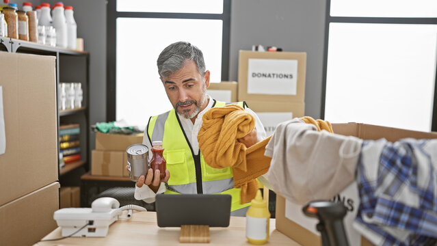 Beaming young hispanic man with grey hair, volunteering at a local charity center, confidently navigating the touchpad while sitting amidst donation boxes