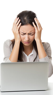Executive woman worker holding head with both hands because of headache, tired, and stress in front of laptop on white background created with Generative AI Technology