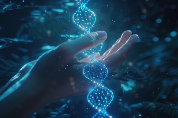 Close up of doctor's hand holding DNA string. Concept, science, gene editing, genetics, DNA editing, beautiful blue, futuristic, hi-tech, future.