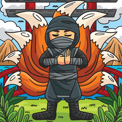 Ninja with Nine Tails Colored Cartoon Illustration