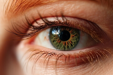 Naklejka premium Beautiful green eyes of a red-haired girl. Macro photography of eyes with green pupil. Close-up drawing of a pupil