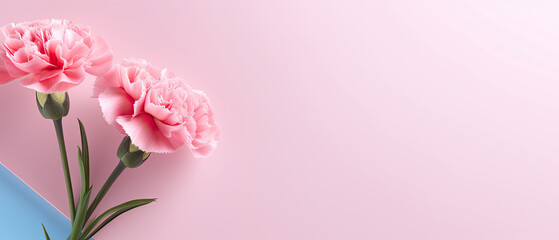 Obraz na płótnie Canvas Minimalist blooming Pink Carnation flower with leaf on soft pink pastel colors background with space for text created with Generative AI Technology