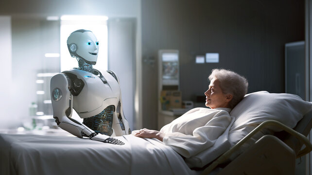An old patient woman is lying on the hospital bed covered with a bedsheet. A humanoid robot nurse looking after the old lady listening to her. Image created with Generative AI