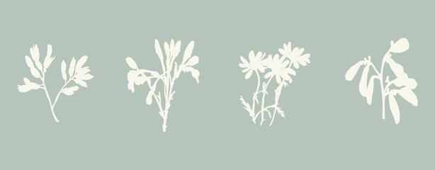 Handmade linocut sprig wildflower collection vector motif clipart in folkart scandi style. Simple monochrome block print shapes with woodcut white chic effect set.
