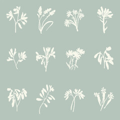 Handmade linocut sprig wildflower collection vector motif clipart in folkart scandi style. Simple monochrome block print shapes with woodcut white chic effect set.