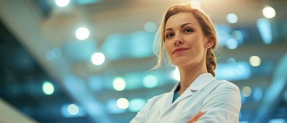 Portrait of smiling female doctor nurse, wearing uniform, he stands confidently in the corridor with arms crossed