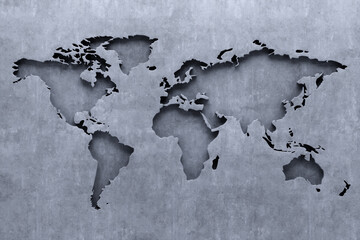 World map on concrete surface. modern design, magazine style. Copy space, 3D render.