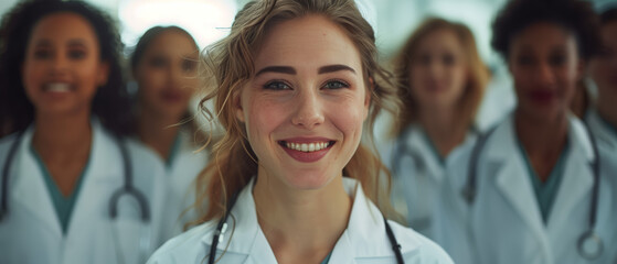 Female doctor smiling and standing in a corridor, with colleagues in the background.