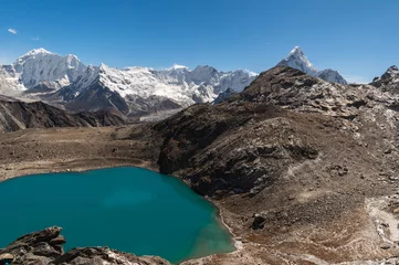 Tuinposter Ama Dablam Alpine lake, Baruntsee, Ama Dablam mounts, Chukhung glacier on descent from Kongma La Pass during Everest Base Camp EBC or Three Passes trekking in Khumjung, Nepal. Highest mountains in the world.