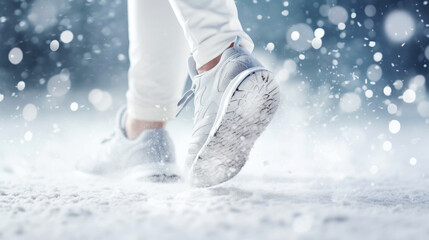 Close-up of female legs in sneakers running and kicking snow. Snowy weather concept. Light colour palette. Generative AI
