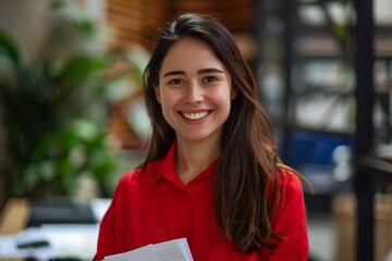 Portrait of young beautiful female financier in red shirt inside office at workplace, business woman smiling happy looking at camera, holding papers, folder documents - obrazy, fototapety, plakaty