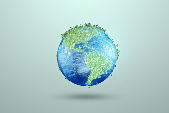 Ecological map of the world consisting of green grass and tropical leaves. Concept of recycling garbage, air purification. modern design, magazine style. Copy space, 3D render.