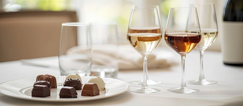 The image features three glasses of wine and three chocolates arranged neatly on a white plate. The rich colors of the chocolates complement the deep red hues of the wine, creating an inviting and
