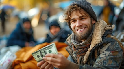Kind man money donation to homeless man - obrazy, fototapety, plakaty