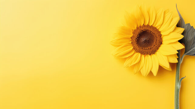 Minimalist single blooming Sunflower flower with leaf on soft yellow pastel colors background with space for text created with Generative AI Technology