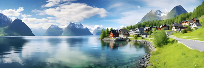 Papier Peint photo Lavable Europe du nord Serene Vista of a Nordic Fjord Village Surrounded by Majestic Green Mountains and Tranquil Blue Waters