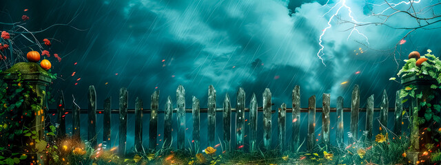 Wooden fence in field with lightning storm under a cloudy sky