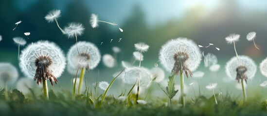 spring in nature with dandelion flowers flying blur background - Powered by Adobe