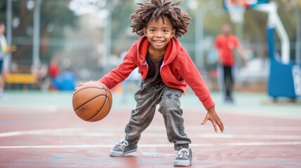 Describe the child's enthusiastic dribbling skills as they maneuver across the basketball court. - obrazy, fototapety, plakaty