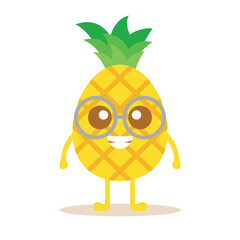 Smart Cute Pineapple Character With Glasses. Fresh Fruits Vector Illustration.