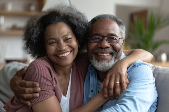 Happy Mature African American Husband And Wife Sit Rest On Couch At Home Hugging And Cuddling, Show Care Affection, Smiling Senior Loving Couple Relax On Sofa Have Fun, Enjoy Tender Romantic Family We