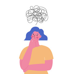 Young puzzled woman. Thoughtful girl. Flat vector illustration.