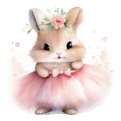 cute little chubby baby rabbit in pink ballet uniform watercolor isolated on white background created with Generative AI Technology - obrazy, fototapety, plakaty