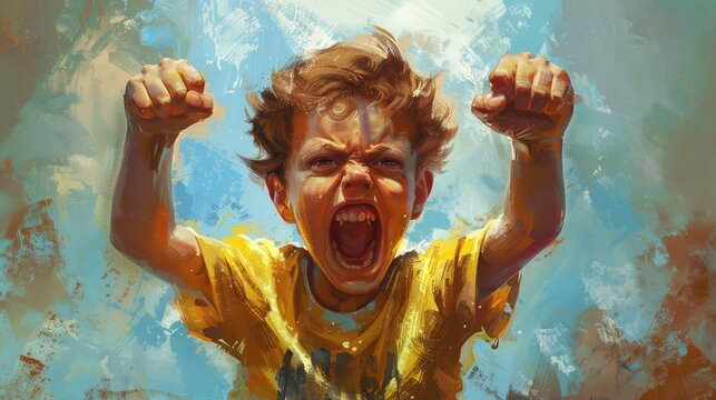 Create a scenario where the child celebrates a victorious game with a triumphant fist pump and a wide grin.