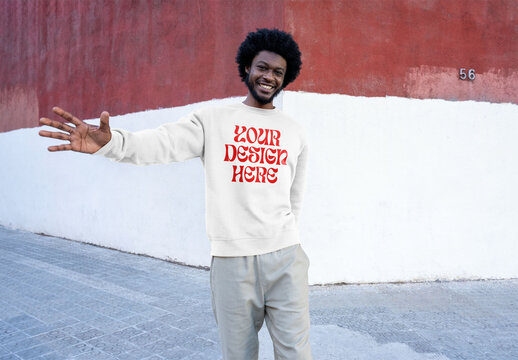 Mockup of man wearing customized sweatshirt, arm out