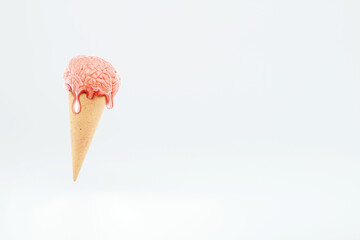 Ice cream in the form of the Human Brain melting from the heat. Concept fatigue, brainstorming, modern design, magazine style, brain melt, creative crisis. Copy space, 3d Illustration, 3d render.
