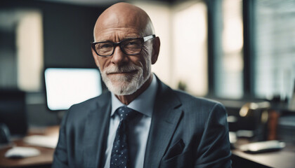 portrait of a senior executive in his office, bald and fit
 - obrazy, fototapety, plakaty