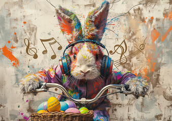 funny  rabbit rides a bicycle with a basket of Easter eggs and listens to music, multi-colored , grunge style  - 739912173