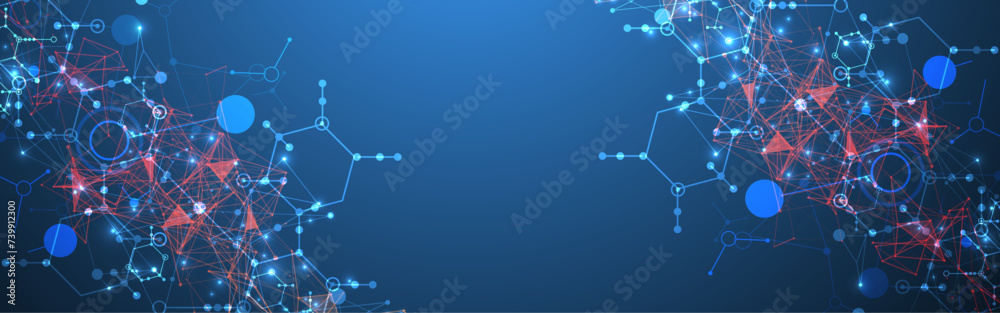 Wall mural Abstract background on a scientific and technological theme. An image of hexagons on a dark blue background with a color plexus effect. Hand drawn vector.