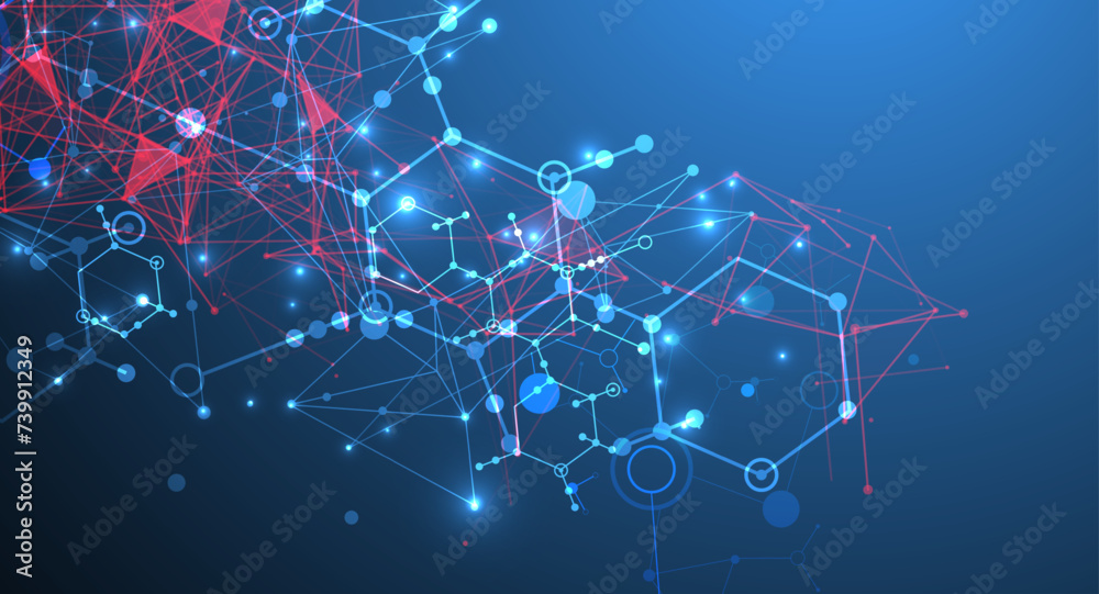 Leinwandbilder Abstract background on a scientific and technological theme. An image of hexagons on a dark blue background with a color plexus effect. Hand drawn vector.