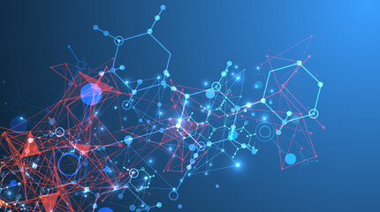 Abstract background on a scientific and technological theme. An image of hexagons on a dark blue background with a color plexus effect. Hand drawn vector.