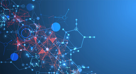 Abstract background on a scientific and technological theme. An image of hexagons on a dark blue background with a color plexus effect. Hand drawn vector.