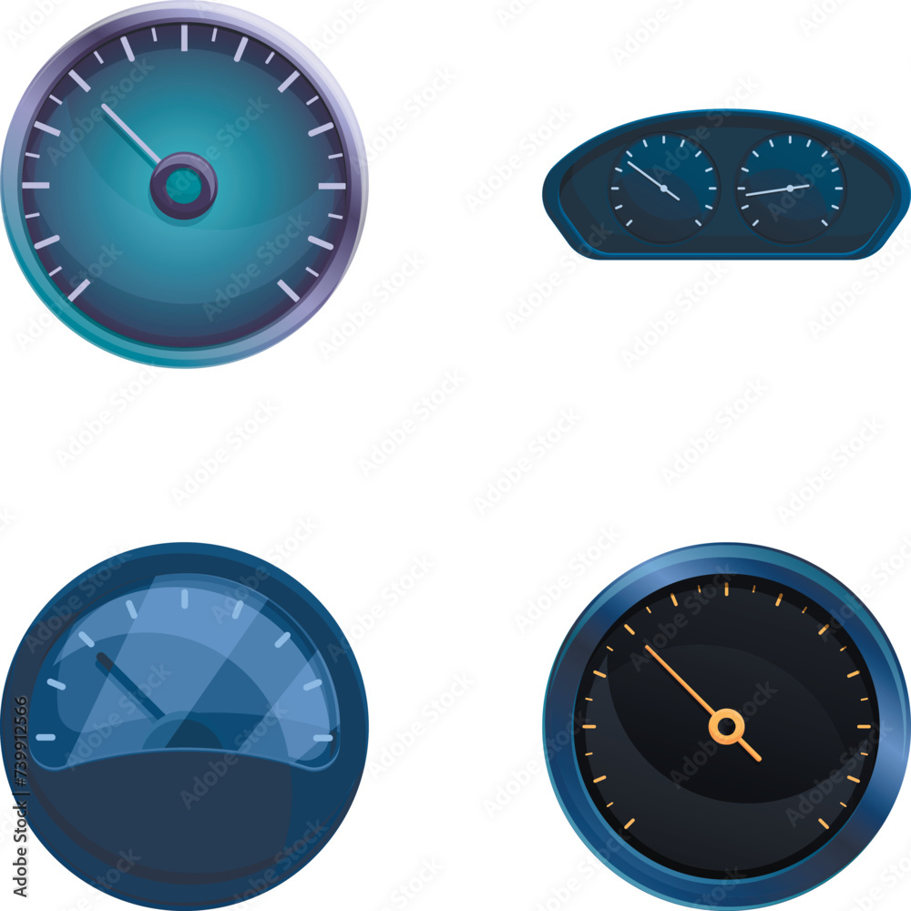 Poster car speedometer icons set cartoon vector. different style of auto speedometer. speed indicator