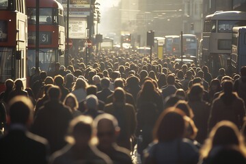 Large crowd of people commuting to work in the morning