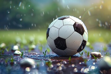 A soccer ball sits on the grass. In the rain, blurred background, concept, children's football,...